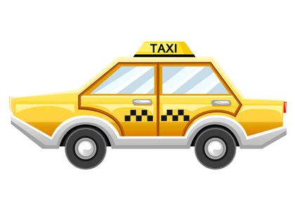 出租车司机与乘客在一辆黄色的汽车上隔离在白色背景上. 人物偶像.
